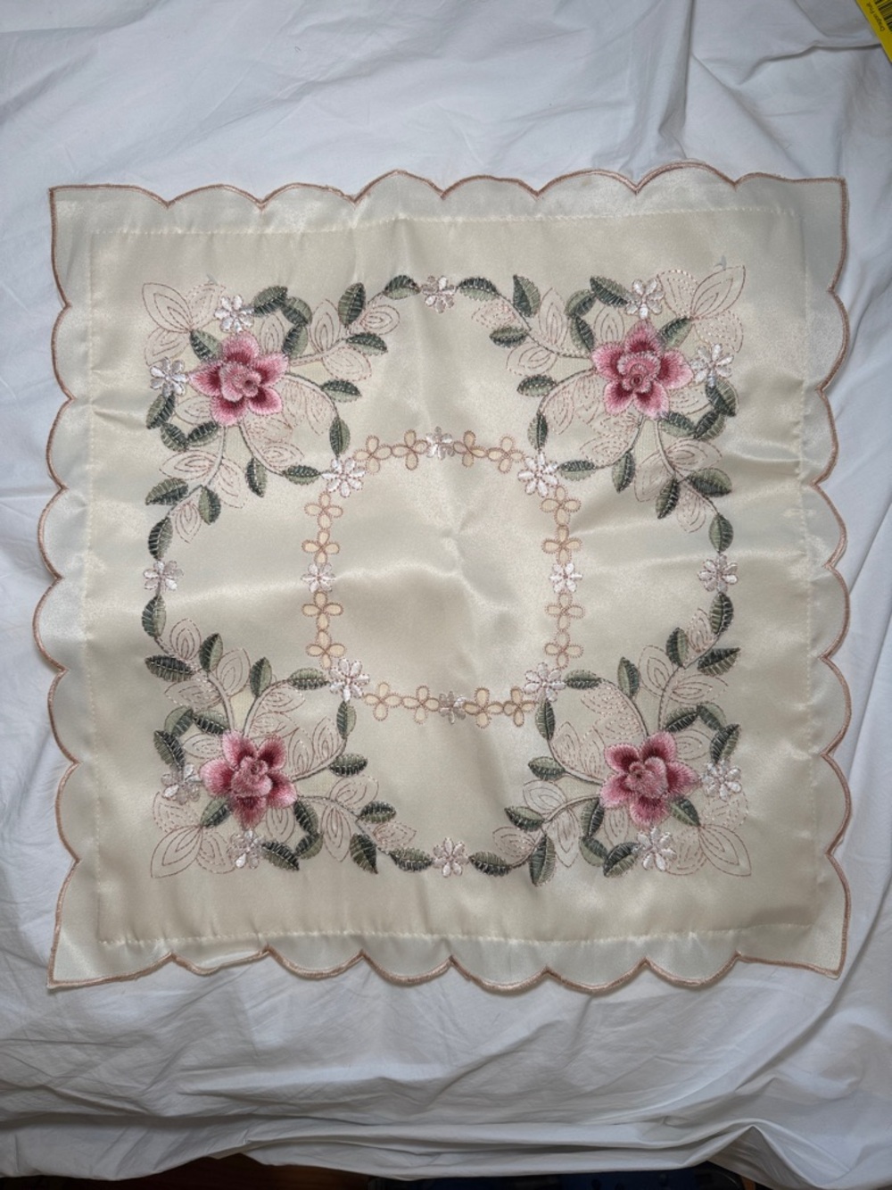 Embroidered Floral Square Cushion Cover- Cream with Pink Flowers